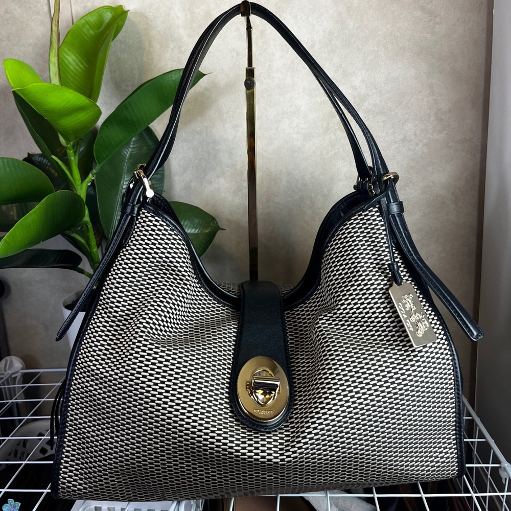 ♡COACH♡ Black and Beige Madison Carlyle Shoulder Tote Bag Gold Hardware Hobo Bag